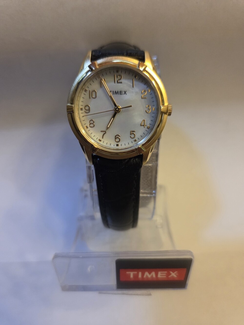 Timex Main Street Collection Gold-Tone Mother-of-Pearl Dial Black Leather Strap